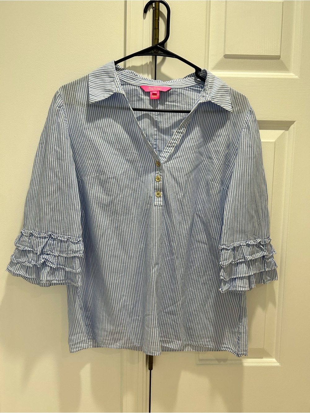 Lilly Pulitzer Light Blue & White Striped Ruffle-Sleeve